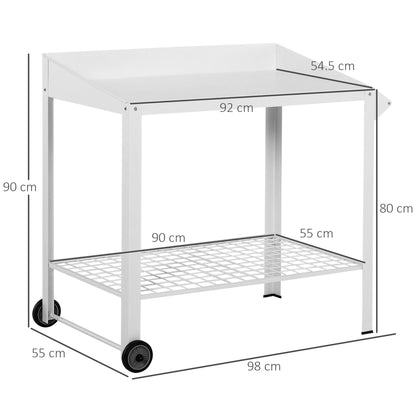 Outsunny Garden Outdoor Metal Potting Table Bench Planting Workstation Push Cart with Wheels Side Hanger - White