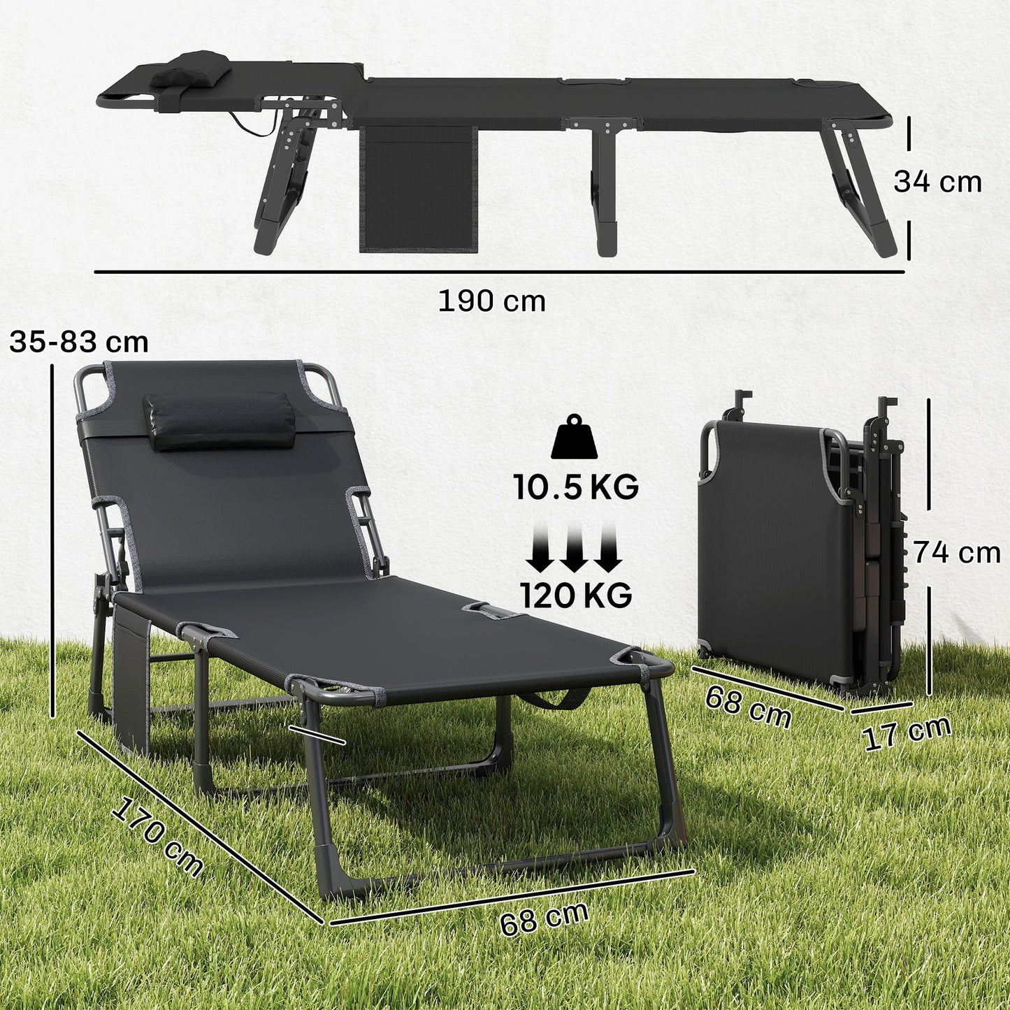 Outsunny Folding Sun Lounger for Garden, 5-Position Oversized Camping Bed Recliner with Cushions, Blue