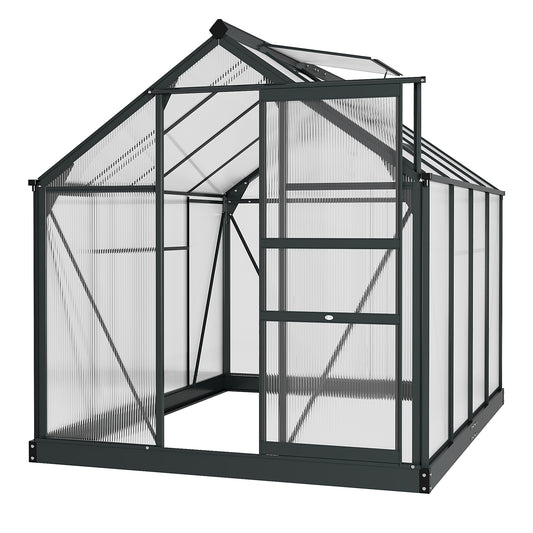 Outsunny 6 x 8ft Poliwęglanowa szklarnia, duża szklarnia typu walk-in z przesuwanymi drzwiami i oknem, domek do uprawy roślin ogrodowych z aluminiową ramą i fundamentem, szary