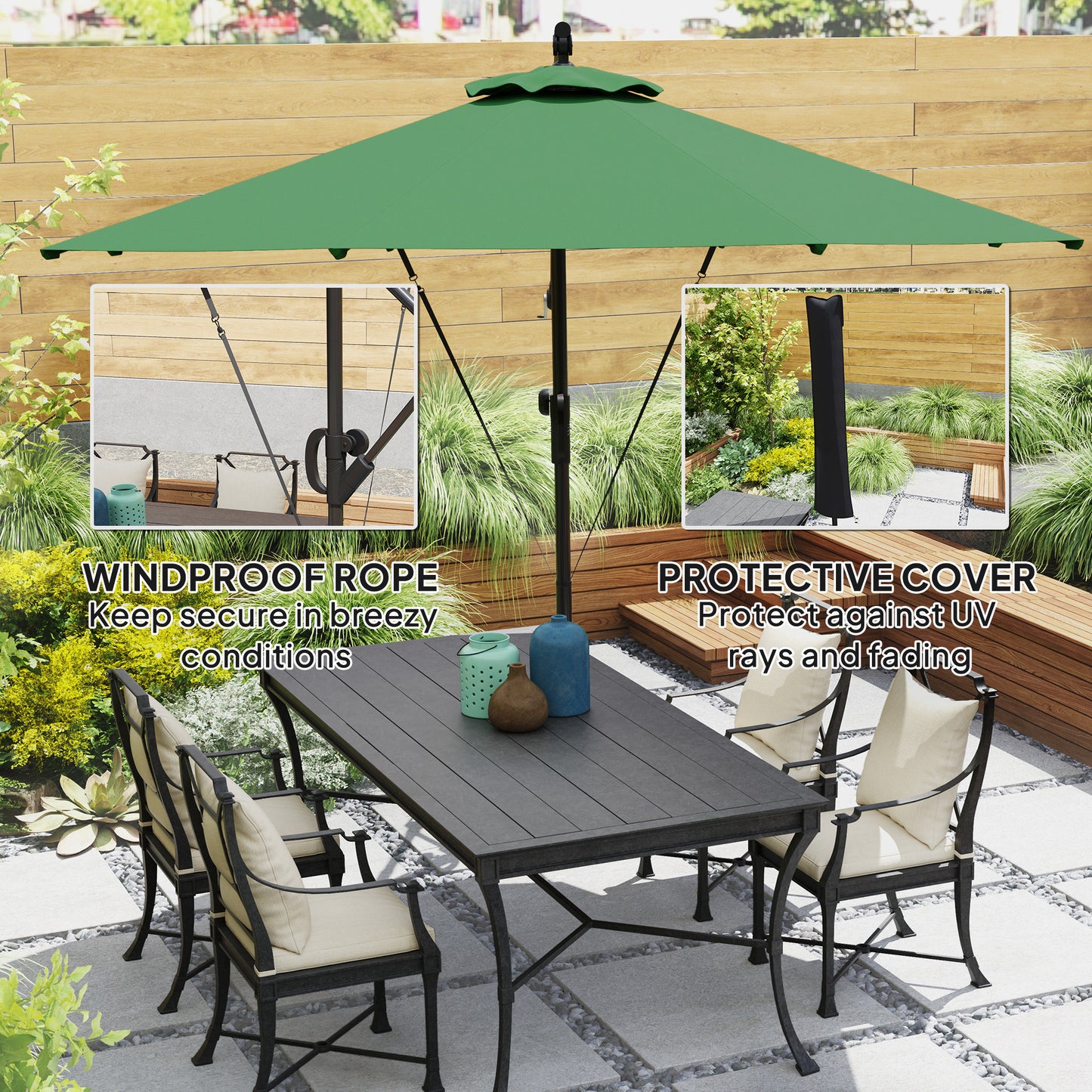 Outsunny 3(m) Parasol ogrodowy z wysięgnikiem z pokrowcem i paskiem chroniącym przed wiatrem, okrągły parasol z korbką i funkcją pochylania, parasol tarasowy typu banan do ochrony przed słońcem na zewnątrz, UPF50+, zielony