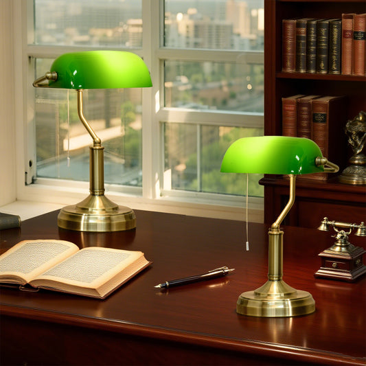 HOMCOM Banker's Table Lamps Set of 2, Desk Lamps with Antique Bronze Tone Base, Green Glass Shade and Pull Rope Switch for Home Office, Living Room, Bedroom, Dining Room, Green