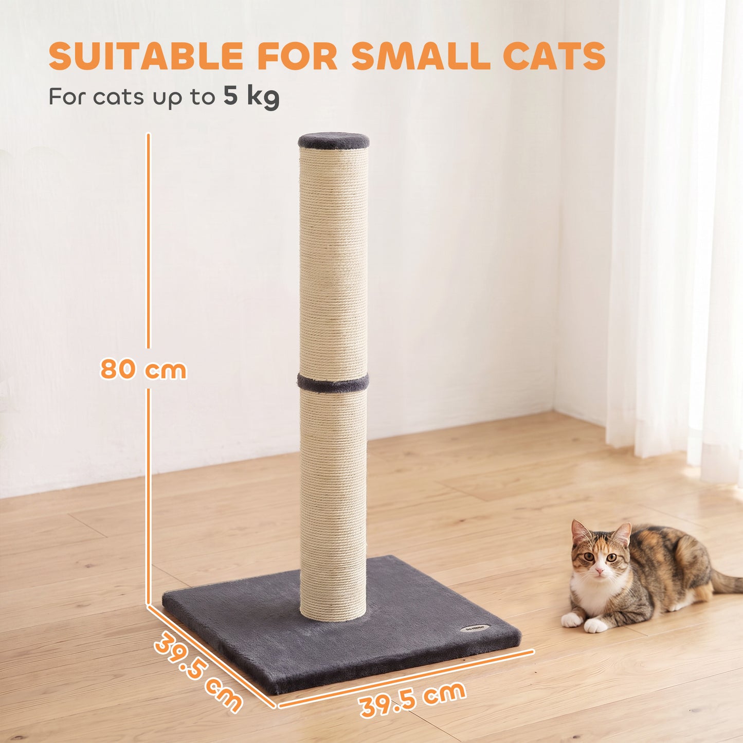 PawHut Cat Scratching Post, 80cm Tall Cat Scratch Post with Sisal Rope, Plush Base, Lightweight Claw Scratcher