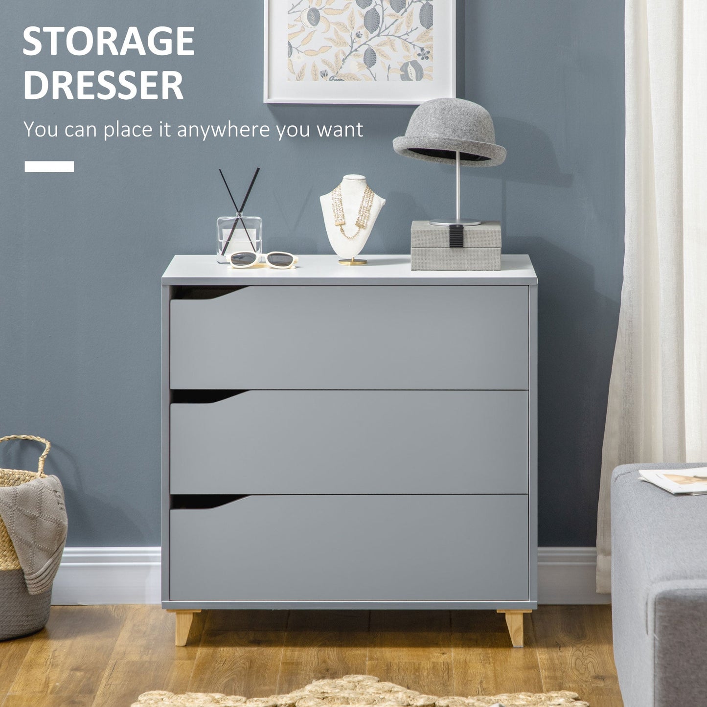 3 Drawer Storage Chest Cabinet Unit with Pine Wood Legs for Bedroom, Living Room, 75cmx42cmx75cm, Grey