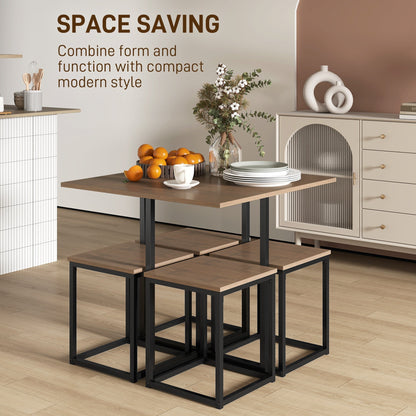 HOMCOM 5 Piece Dining Table and Chairs Set 4, Industrial Space Saving Table and Chairs with Metal Frame, Square Kitchen Table and Stools for Dining Room, Brown