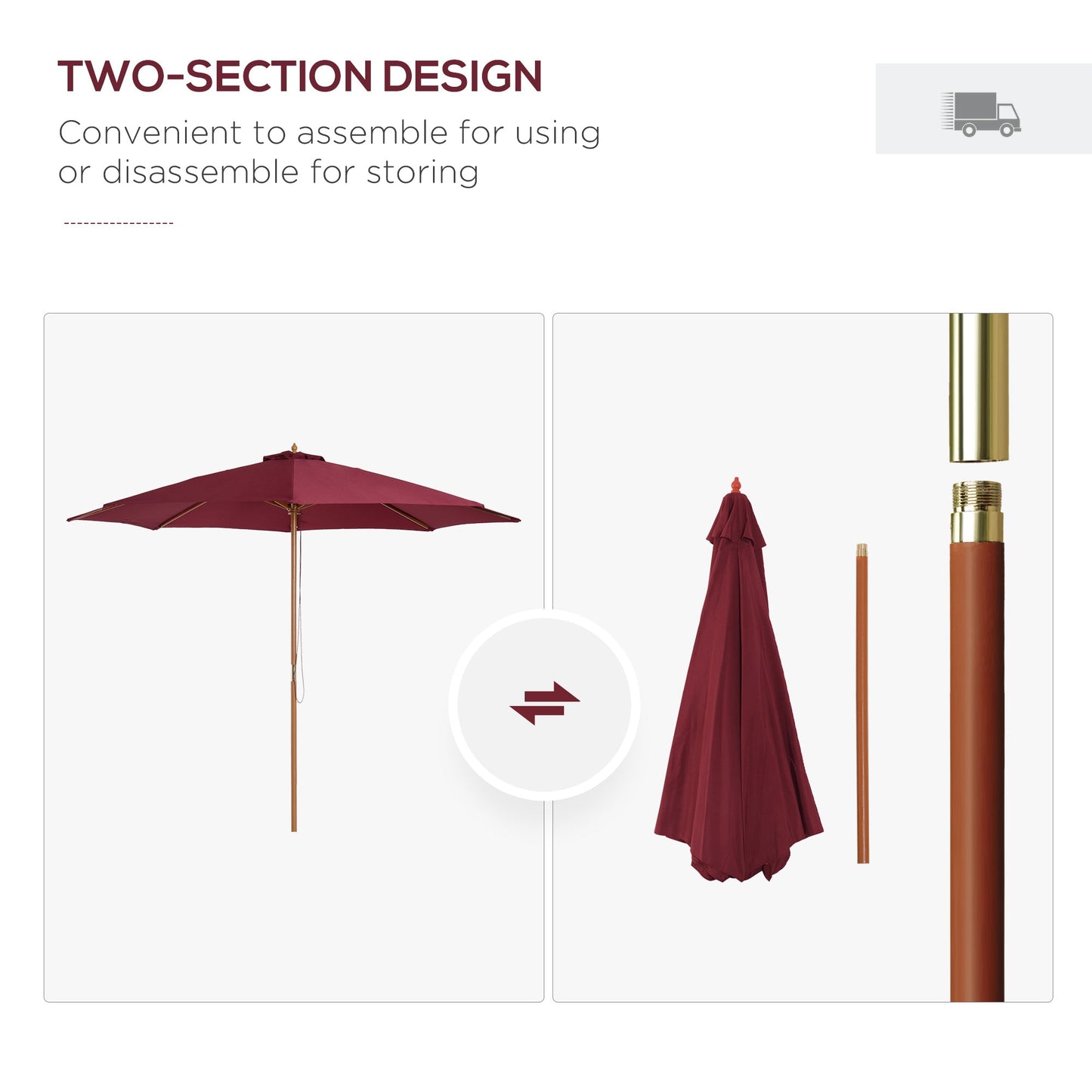 Outsunny ⌀3m Bamboo Wooden Market Patio Umbrella Garden Parasol Outdoor Sunshade Canopy, 8-ribs,Wine Red