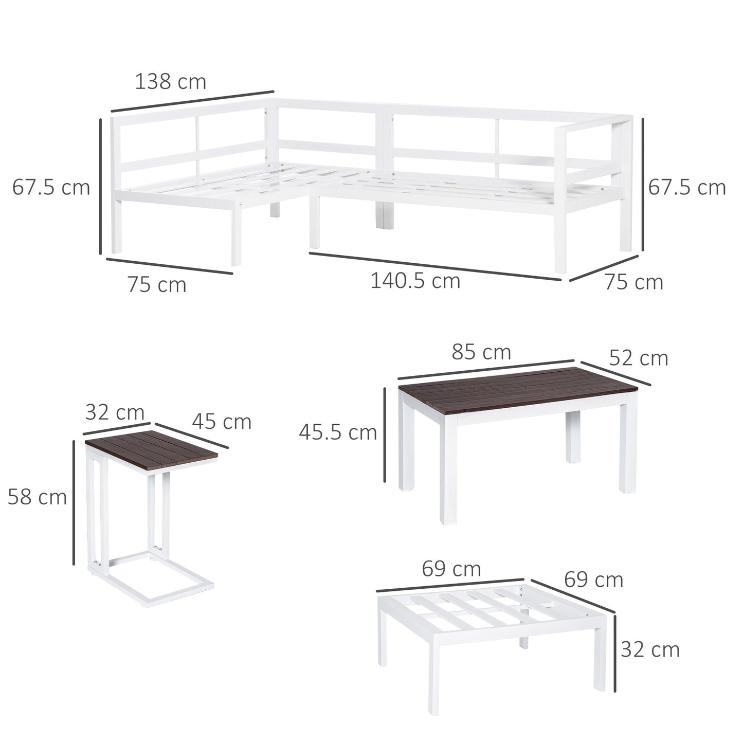 Outsunny 5-Piece L-shaped Garden Furniture Set, Aluminium Conversation Set, Corner Sofa Set with Coffee Table End Table Cushions, White Frame