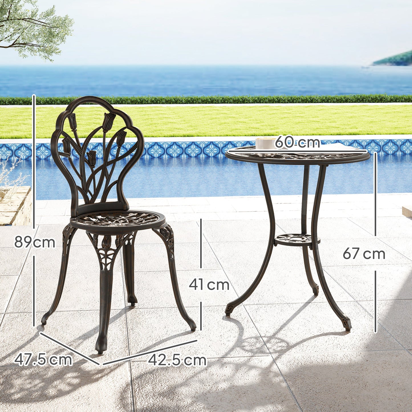Zestaw ogrodowy Outsunny Patio Bistro dla 2 osób, 3-częściowy, aluminiowy stół ogrodowy i krzesła z otworem na parasol na balkon, odcień brązu