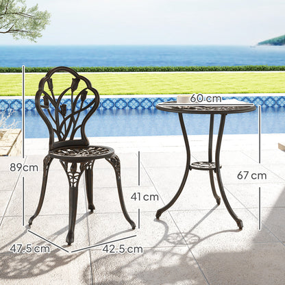 Zestaw ogrodowy Outsunny Patio Bistro dla 2 osób, 3-częściowy, aluminiowy stół ogrodowy i krzesła z otworem na parasol na balkon, odcień brązu