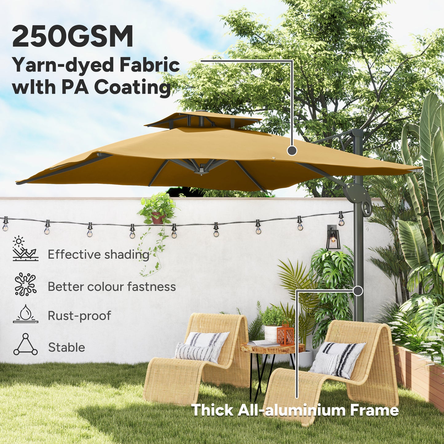 Parasol ogrodowy Outsunny, 3 m, wspornikowy, z mechanizmem hydraulicznym, góra z podwójnym otworem wentylacyjnym, 8 żeber, podstawa krzyżowa, kolor khaki