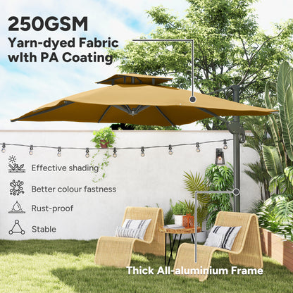 Parasol ogrodowy Outsunny, 3 m, wspornikowy, z mechanizmem hydraulicznym, góra z podwójnym otworem wentylacyjnym, 8 żeber, podstawa krzyżowa, kolor khaki