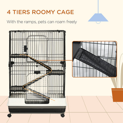 PawHut Four-Tier Small Animal Cage, for Bunnies, Ferrets, Chinchillas w/ Wheels, Tray - Black