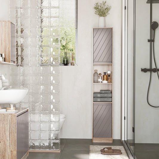 HOMCOM Freestanding Bathroom Storage Cabinet w/ 2 Cupboards 2 Compartments Home Organisation Anti-Tipping Elevated Base 30L x 24W x 170H cm Grey&Brown
