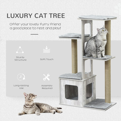 PawHut Cat Tree Tower, Activity Centre, with Scratching Posts, Cat House, Perches - Grey