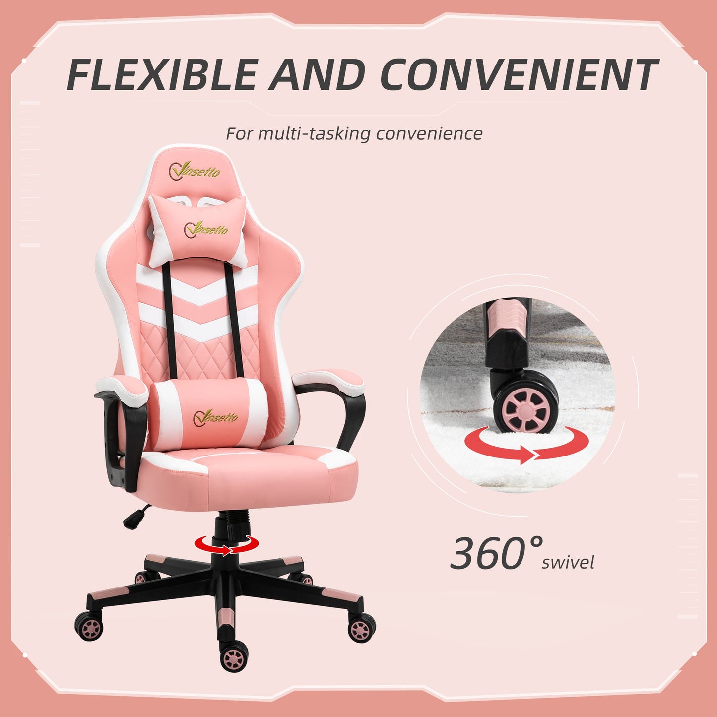 Vinsetto Gaming Chair, Computer Desk Chair with Lumbar Support, Faux Leather Racing Chair with Headrest and Swivel Wheels for Home Office, Pink