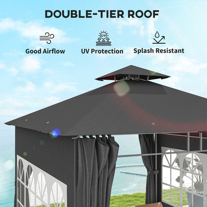 Outsunny 3 x 3 m Garden Gazebo, Double Roof Metal Gazebo with Removable Sidewalls and Church Windows, Outdoor Canopy Shelter, Dark Grey