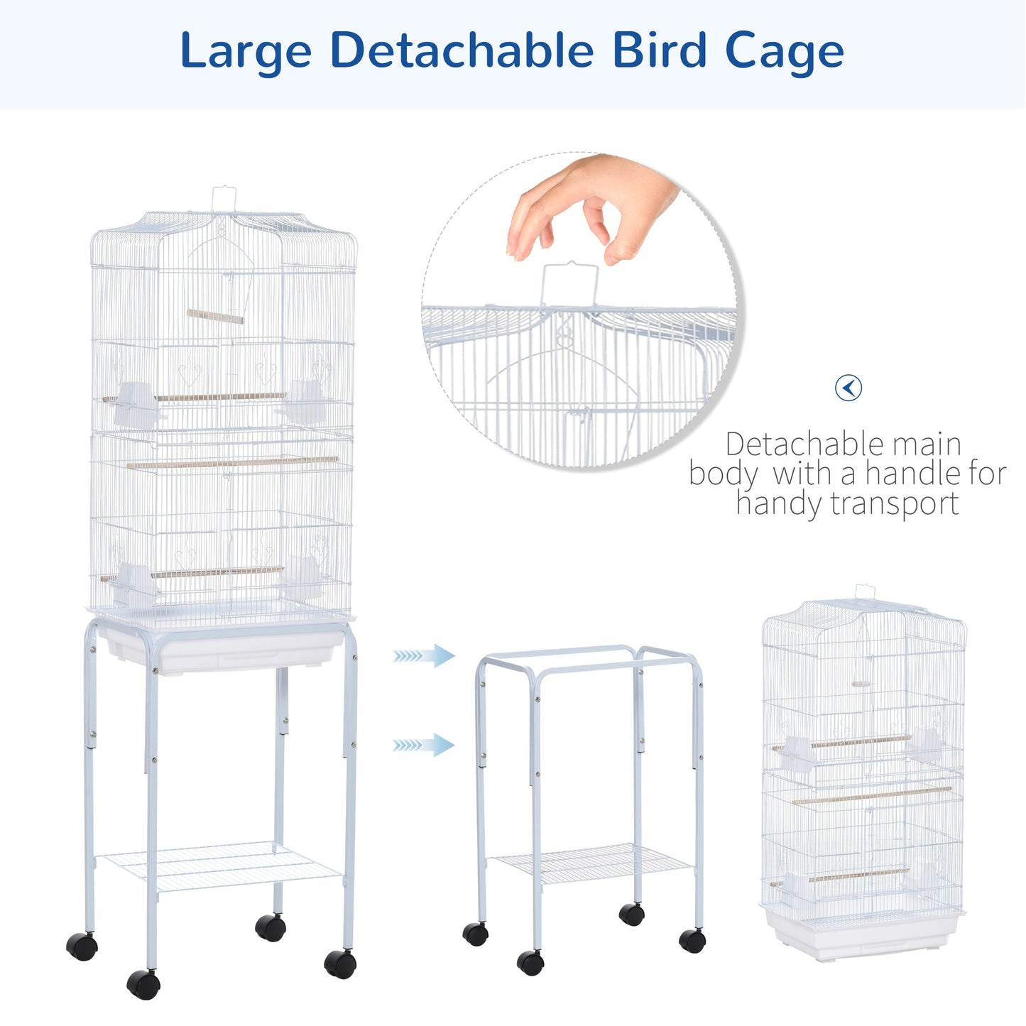 PawHut Bird Cage Budgie Cages for Finch Canary Parakeet with Stand Wheels Slide-out Tray Accessories Storage Shelf, White 46.5 x 36 x 157 cm