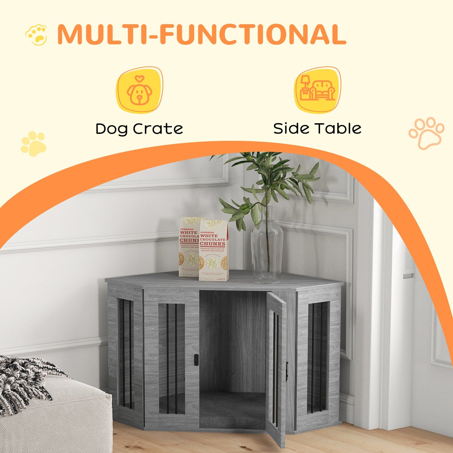 PawHut 2 in 1 Dog Crate Furniture Side Table, with Cushion, 104 x 55 x 63cm - Grey