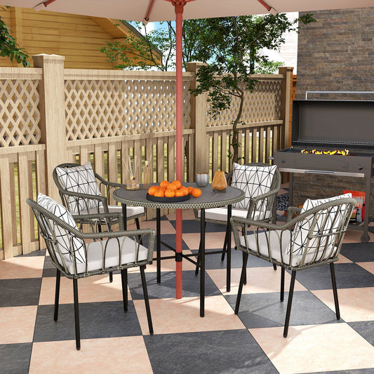 Outsunny 5 Piece Patio Rattan Dining Set, Wicker Garden Table and Chairs w/ Removable Seat & Back Cushions, Round Tempered Glass Tabletop, Parasol Hole, Outdoor Furniture Conservatory Set, Grey