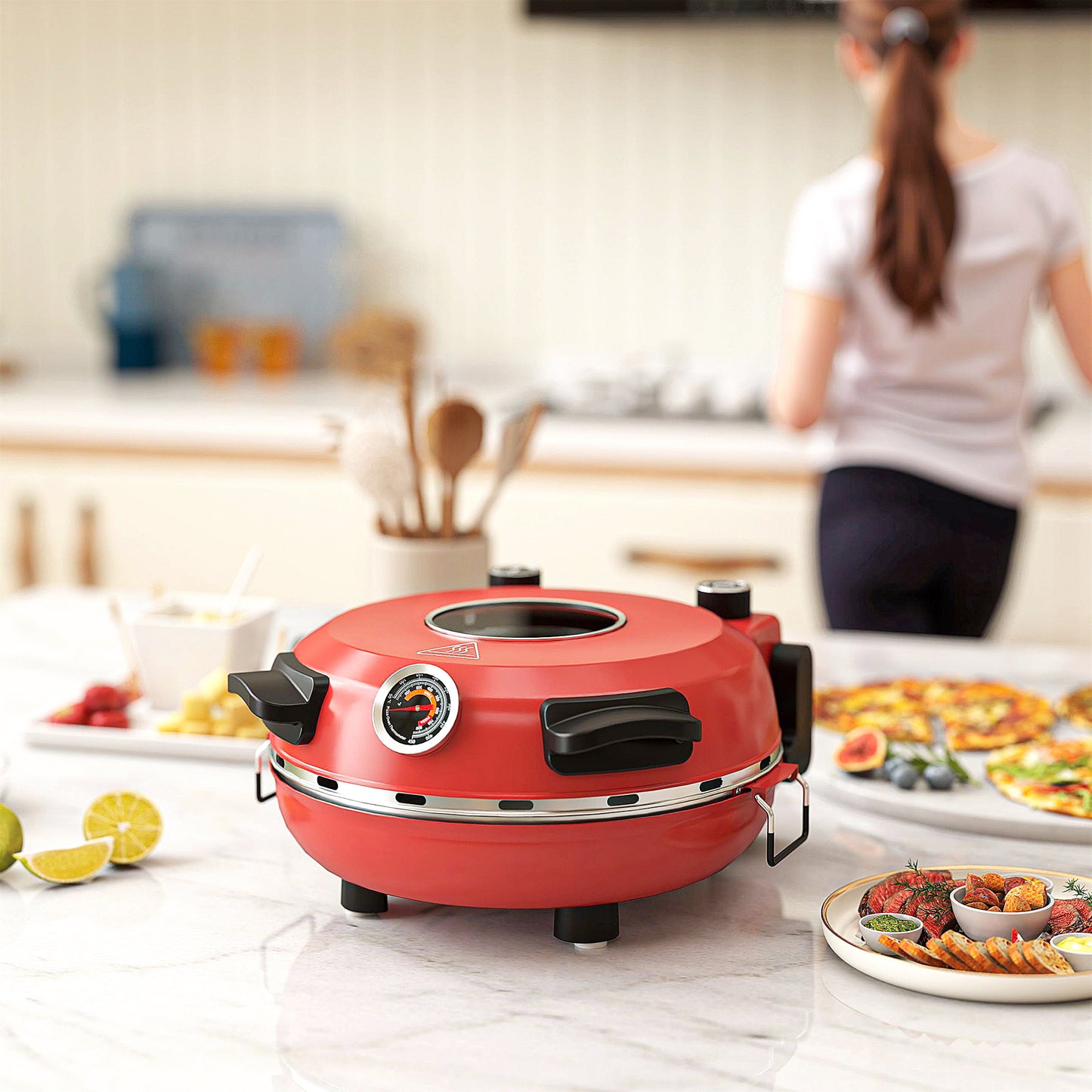 HOMCOM 1200W Pizza Oven, 12 Inch Electric Pizza Maker with Viewing Window, Dual Knob Temp & Timer Control, Overheat Protection, Red