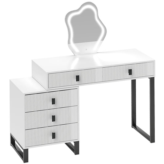 HOMCOM LED Lighted Dressing Table with Leaf Shape Mirror, Modern Vanity Desk with 5 Drawers, Makeup Desk with Fluted Panels, White