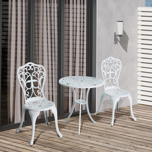 Outsunny 3-częściowy zestaw ogrodowy Antique Bistro dla 2 osób, zestaw mebli ogrodowych z odlewu aluminiowego z otworem na parasol, biały