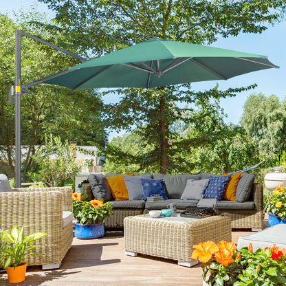 Outsunny 3 x 3(m) Parasol ogrodowy z podstawą krzyżową, obrotowy o 360√∞, z korbką i funkcją pochylania, do użytku na zewnątrz, na patio, w kolorze zielonym