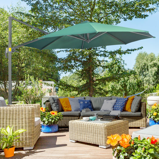 Outsunny 3 x 3(m) Parasol ogrodowy z podstawą krzyżową, obrotowy o 360√∞, z korbką i funkcją pochylania, do użytku na zewnątrz, na patio, w kolorze zielonym