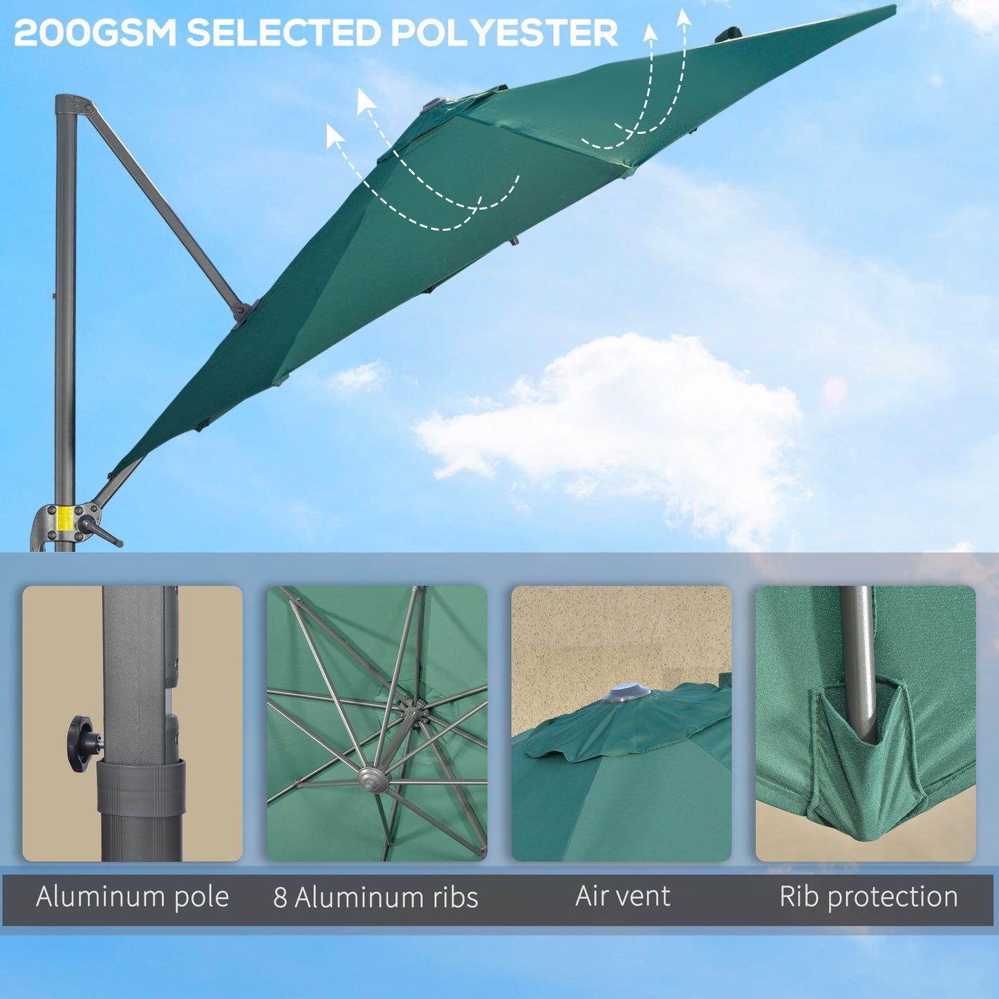 Outsunny 3 x 3(m) Parasol ogrodowy z podstawą krzyżową, obrotowy o 360√∞, z korbką i funkcją pochylania, do użytku na zewnątrz, na patio, w kolorze zielonym
