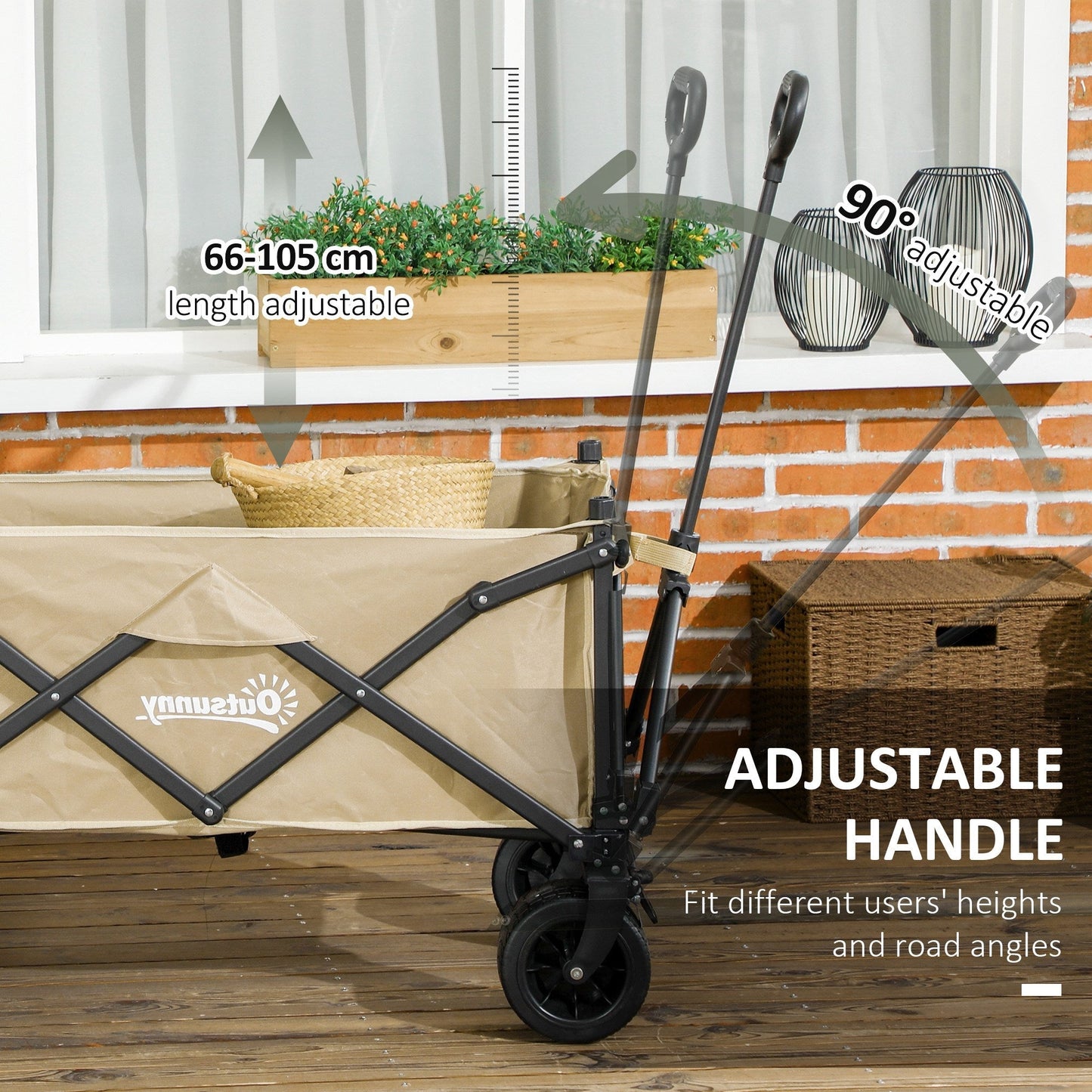 Outsunny Folding Garden Trolley, Outdoor Wagon Cart with Carry Bag, for Beach, Camping, Festival, 120KG Capacity, Khaki