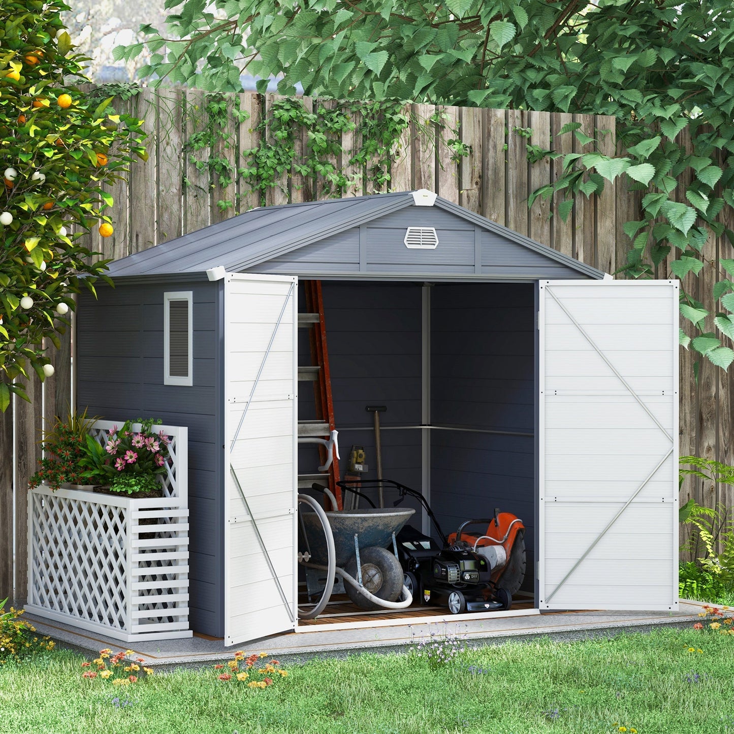 Outsunny 8 x 6ft Garden Shed with Foundation Kit, Polypropylene Outdoor Storage Tool House with Ventilation Slots and Lockable Door, Grey