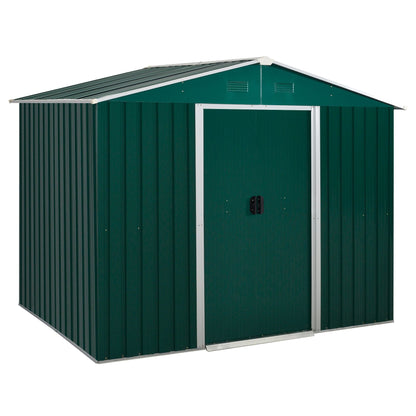 Outsunny 8 x 6 ft Metal Garden Storage Shed Corrugated Steel Roofed Tool Box with Ventilation and Sliding Doors, Green