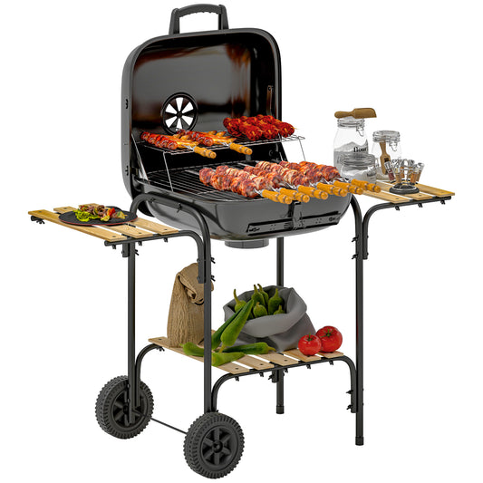 Grill węglowy Outsunny przenośny grill BBQ o powierzchni do gotowania 1840 cm√Ç¬≤, 3 półki, regulowany otwór wentylacyjny, zamykana pokrywa, kółka do gotowania na świeżym powietrzu, przyjęcie ogrodowe, czarny