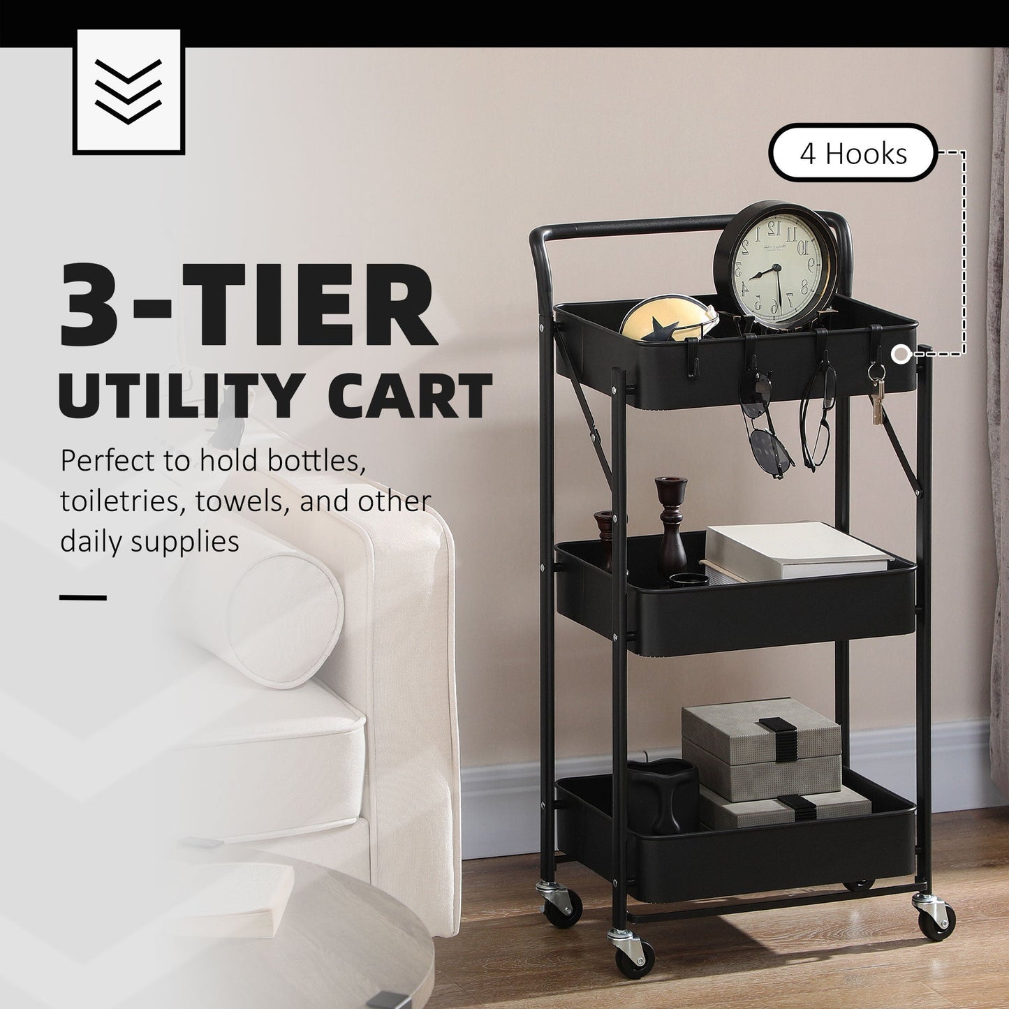 3 Tier Storage Trolley Utility Cart Foldable Rolling With 3 Mesh Baskets, 4 Removable Hooks for Living Room, Laundry and Kitchen, Black