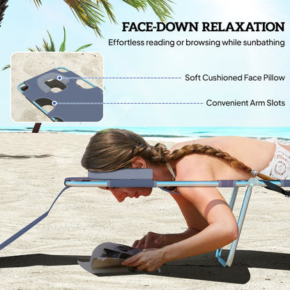 Outsunny Foldable Sun Lounger, Beach Chaise Lounge with Reading Hole, Arm Slots, 5-Position Adjustable Backrest, Side Pocket, Pillow for Garden, Beach, Pool, Grey