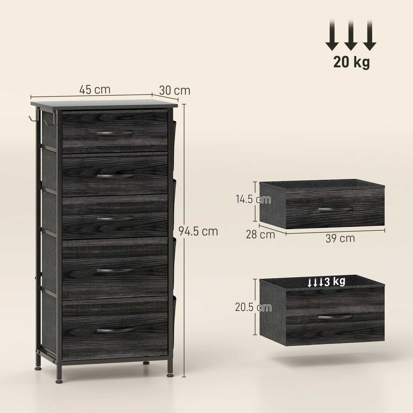 HOMCOM Chest of Five Fabric Drawers - Black