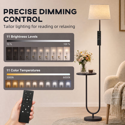 HOMCOM Modern Floor Lamp with Shelf, Dimmable Floor Lamp with Linen Shade, RF Remote and Foot Switch for Living Room, Black