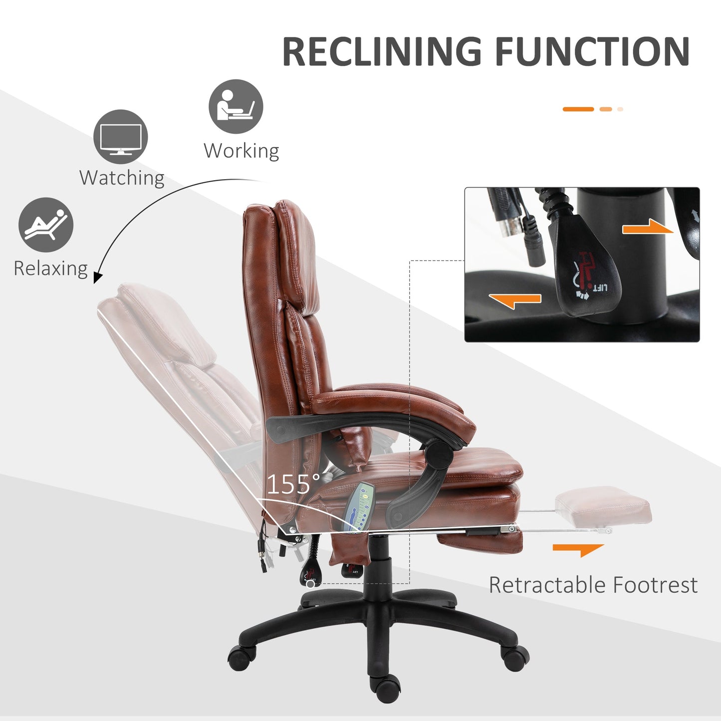 Vinsetto High Back Office Chair, Gaming Recliner Chair with Footrest, 7 Massage Points, Adjustable Height, Reclining Back, PU Leather, Brown