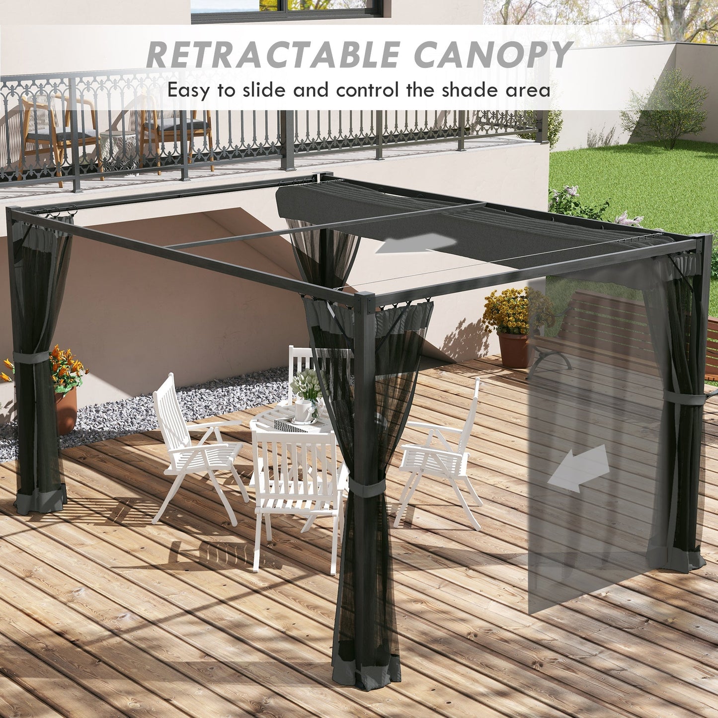 3 x 4m Retractable Pergola, Garden Gazebo Shelter with Nettings, for Grill, Patio, Deck, Dark Grey