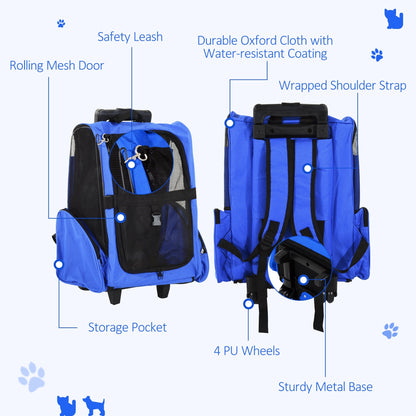 PawHut Pet Carrier Travel Backpack Bag Cat Carrier Puppy Dog Bag w/ Trolley, Telescopic Handle Portable Stroller Wheel, 42 x 25 x 55 cm, Blue