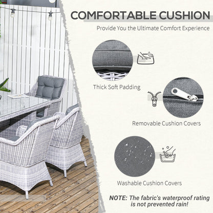 Outsunny 6 Seater Rattan Dining Set, Round PE Rattan Garden Furniture Set with Seat and Back Cushions, Aluminium Outdoor Dining Table and Chairs with 6 Armchairs, Rectangular Glass Top Table, Grey