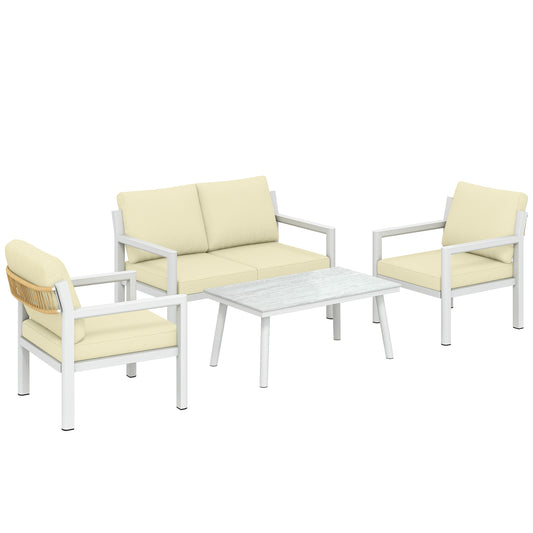 Outsunny 4 Seater Rattan Garden Furniture Set with 2 Armchairs, Loveseat, Coffee Table, Garden Sofa Set with Cushions, Beige