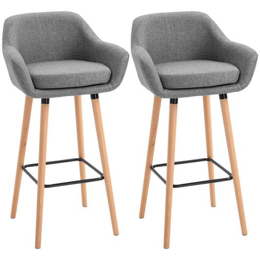 HOMCOM Set of 2 Bar Stools Modern Upholstered Seat Bar Chairs w/ Metal Frame, Solid Wood Legs Living Room Dining Room Fabric Furniture - Grey