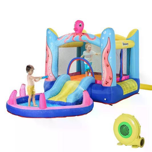 Dmuchany zamek do skakania Outsunny, trampolina, zjeżdżalnia, basen, wzór ośmiornicy, 3,8 x 2 x 1,8 m