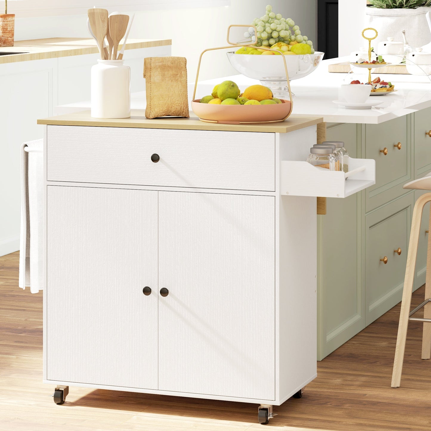 HOMCOM Rolling Kitchen Island with Drop Leaf, Kitchen Storage Cart with Drawer, Spice Rack and Towel Rack, White
