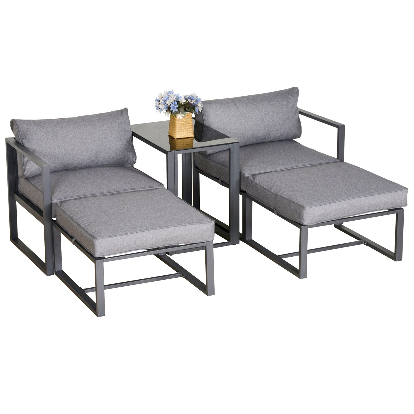 Outsunny 5 Piece Garden Conversation Set Patio Furniture Set Outdoor Sun Lounger 2 Sofas 2 Footstools End Table with Cushions