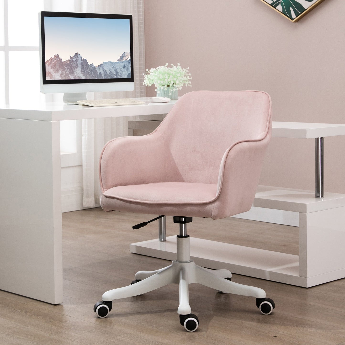 Vinsetto Velvet Office Chair, Desk Chair, Makeup Vanity Chair with Massage Lumbar Pillow and Rolling Wheels for Bedroom and Home, Pink