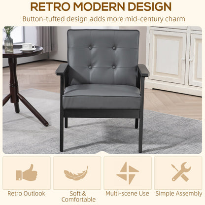 Retro Style Chair, PU Leather Armchair, Occasional With Beech Wood Frame For Living Room Reception Bedroom Balcony, Grey and Black