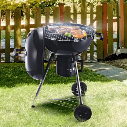 Outsunny Freestanding Charcoal Barbecue Grill Garden Portable BBQ Smoker w/ Wheels, Storage Shelves and On-body Thermometer, Black