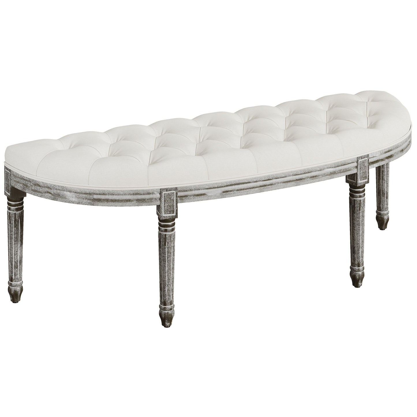 HOMCOM Half-Circle End Bench Ottoman Footstool Tufting Padded Seat Brushed Wood Base Antique Accents Home Seat Furniture Cream White and Light Wood Grain Leg