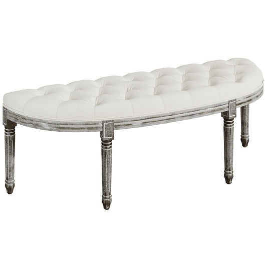 HOMCOM Half-Circle End Bench Ottoman Footstool Tufting Padded Seat Brushed Wood Base Antique Accents Home Seat Furniture Cream White and Light Wood Grain Leg